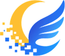 翔月軟體 logo：金色月牙與藍色羽翼